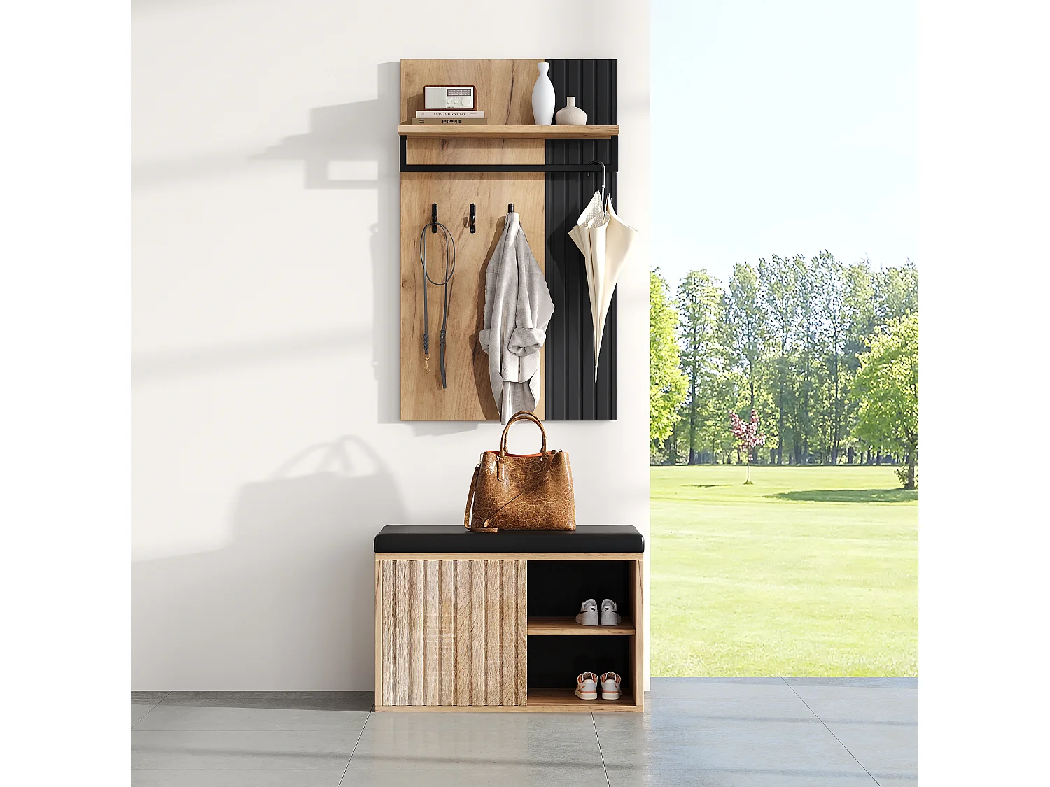 Garderoben-Set - 1 Kleiderständer und 1 Schuhschrank - mit Sitzkissen und 3 Haken - Natur + Schwarz