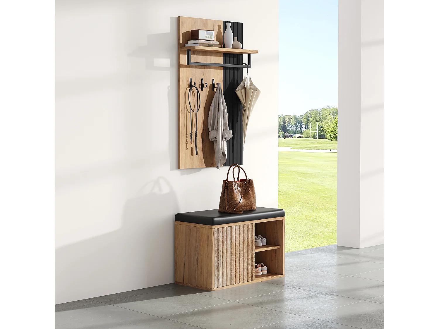 Garderoben-Set - 1 Kleiderständer und 1 Schuhschrank - mit Sitzkissen und 3 Haken - Natur + Schwarz