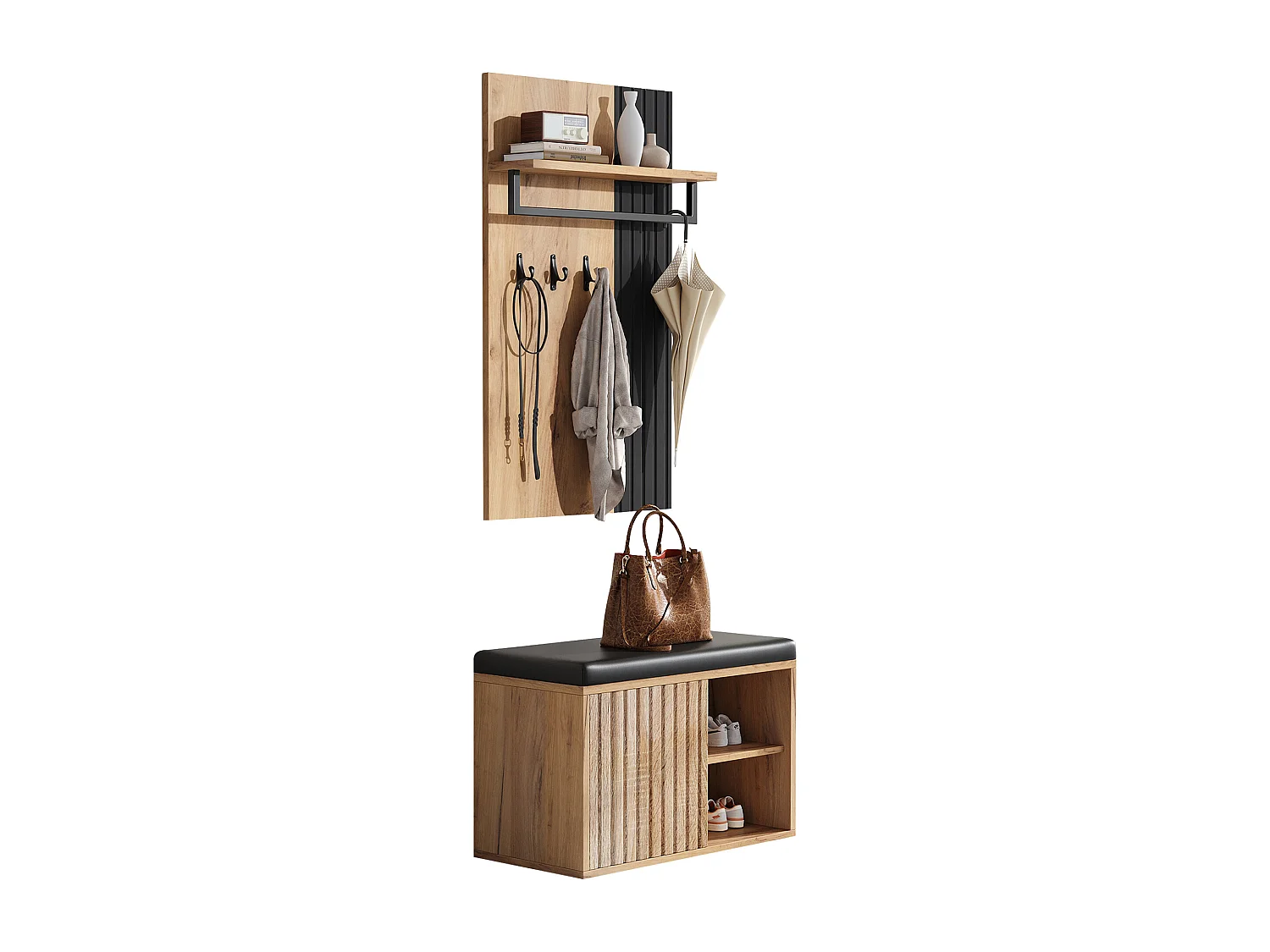 Garderoben-Set - 1 Kleiderständer und 1 Schuhschrank - mit Sitzkissen und 3 Haken - Natur + Schwarz