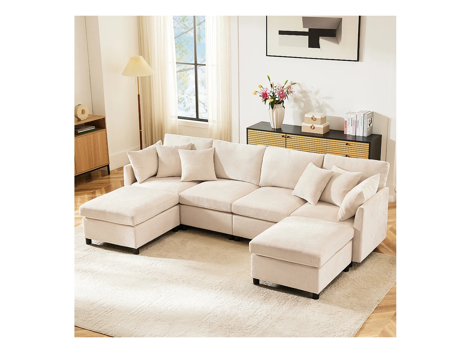 Canapé 4 places avec repose-pieds amovible - 278 x 161 x 81 cm  - canapé en U - velours - beige