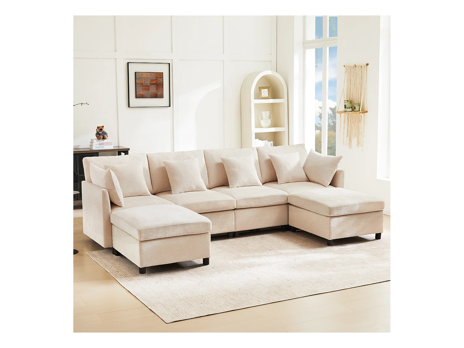 Canapé 4 places avec repose-pieds amovible - 278 x 161 x 81 cm  - canapé en U - velours - beige