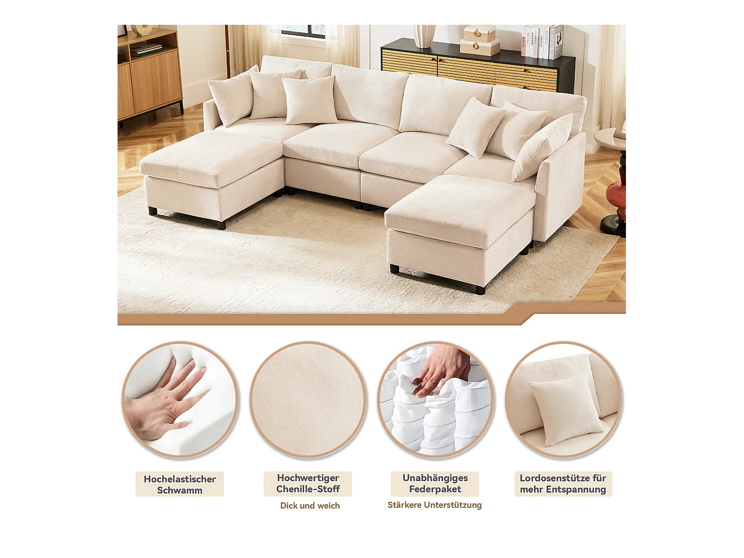 Canapé 4 places avec repose-pieds amovible - 278 x 161 x 81 cm  - canapé en U - velours - beige