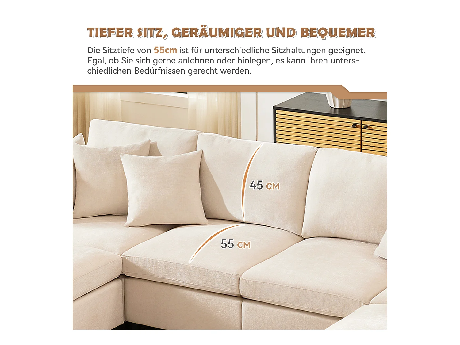 Canapé 4 places avec repose-pieds amovible - 278 x 161 x 81 cm  - canapé en U - velours - beige