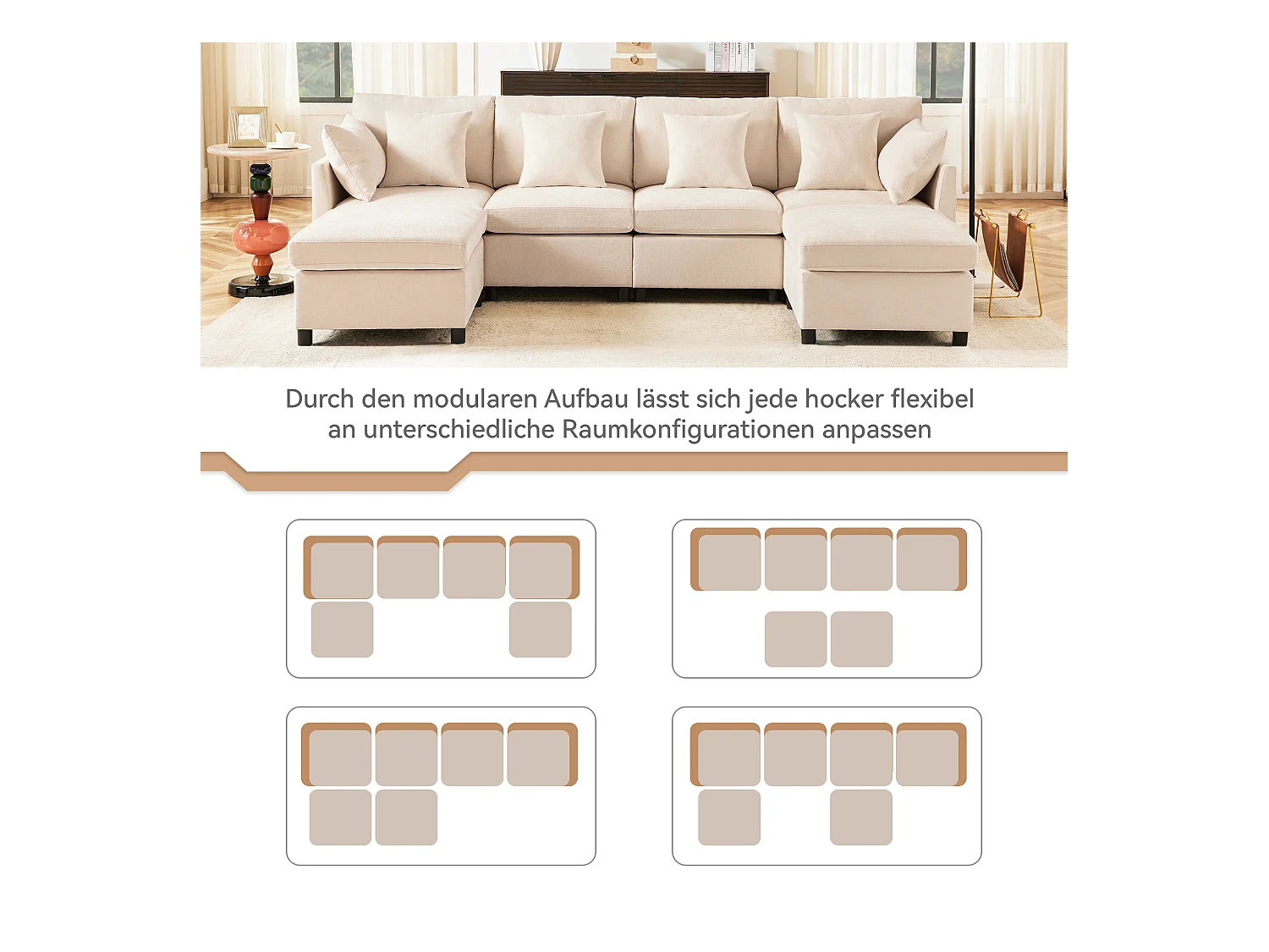 Canapé 4 places avec repose-pieds amovible - 278 x 161 x 81 cm  - canapé en U - velours - beige