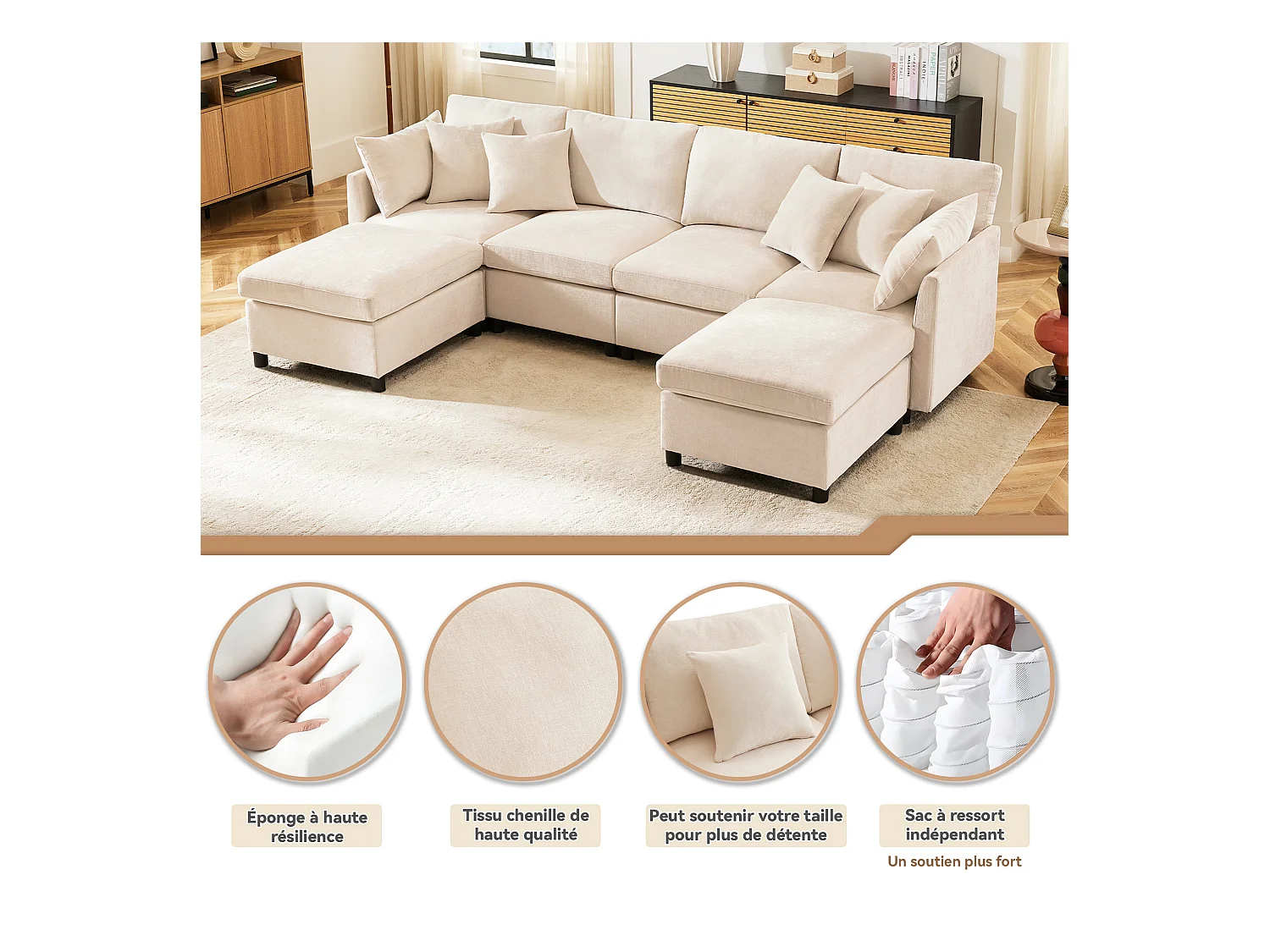 Canapé 4 places avec repose-pieds amovible - 278 x 161 x 81 cm  - canapé en U - velours - beige