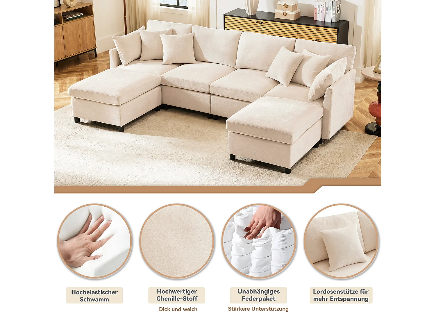 Canapé 4 places avec repose-pieds amovible - 278 x 161 x 81 cm  - canapé en U - velours - beige