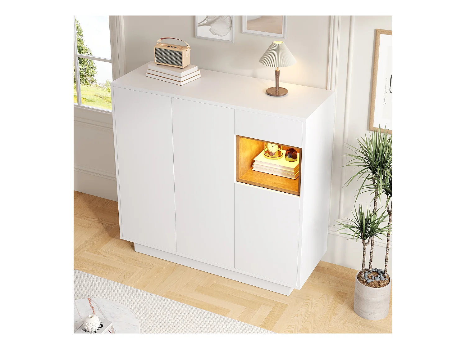 Meuble à chaussures avec 1 tiroir + 3 portes + Leds + étagères réglables - 105 x 39.5 x 100.5 cm - aggloméré - blanc