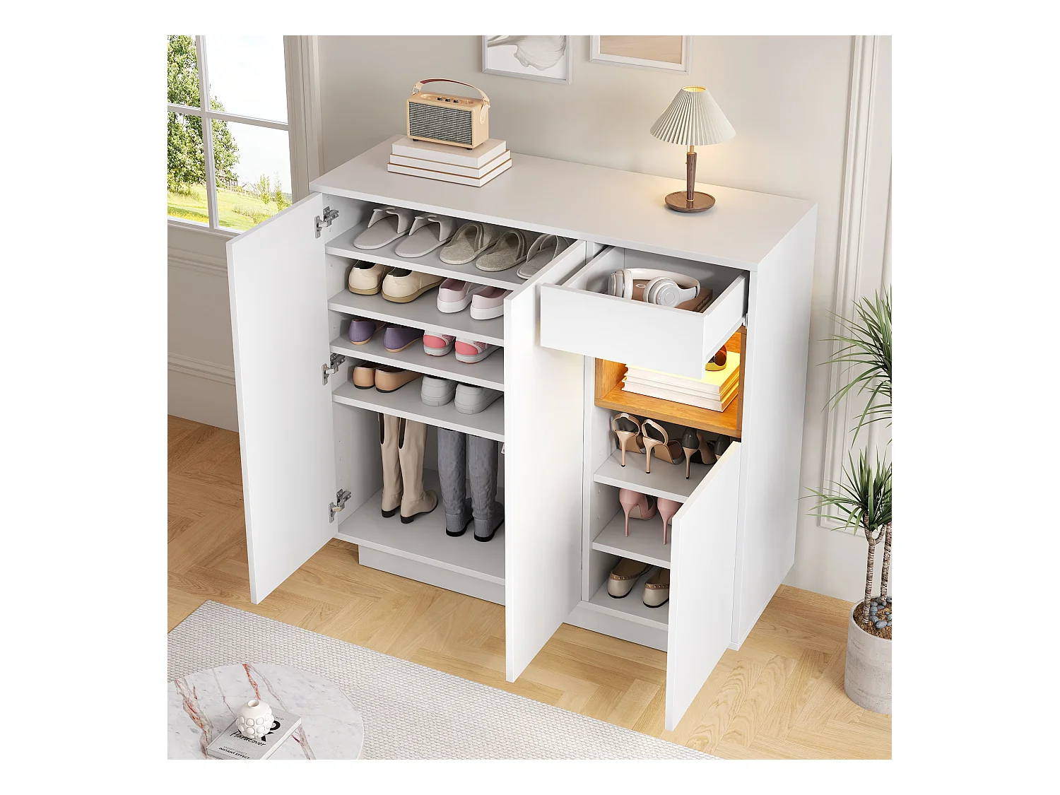 Meuble à chaussures avec 1 tiroir + 3 portes + Leds + étagères réglables - 105 x 39.5 x 100.5 cm - aggloméré - blanc