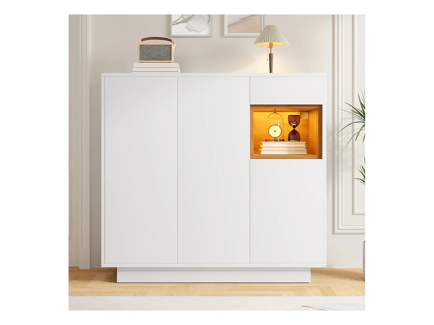 Meuble à chaussures avec 1 tiroir + 3 portes + Leds + étagères réglables - 105 x 39.5 x 100.5 cm - aggloméré - blanc