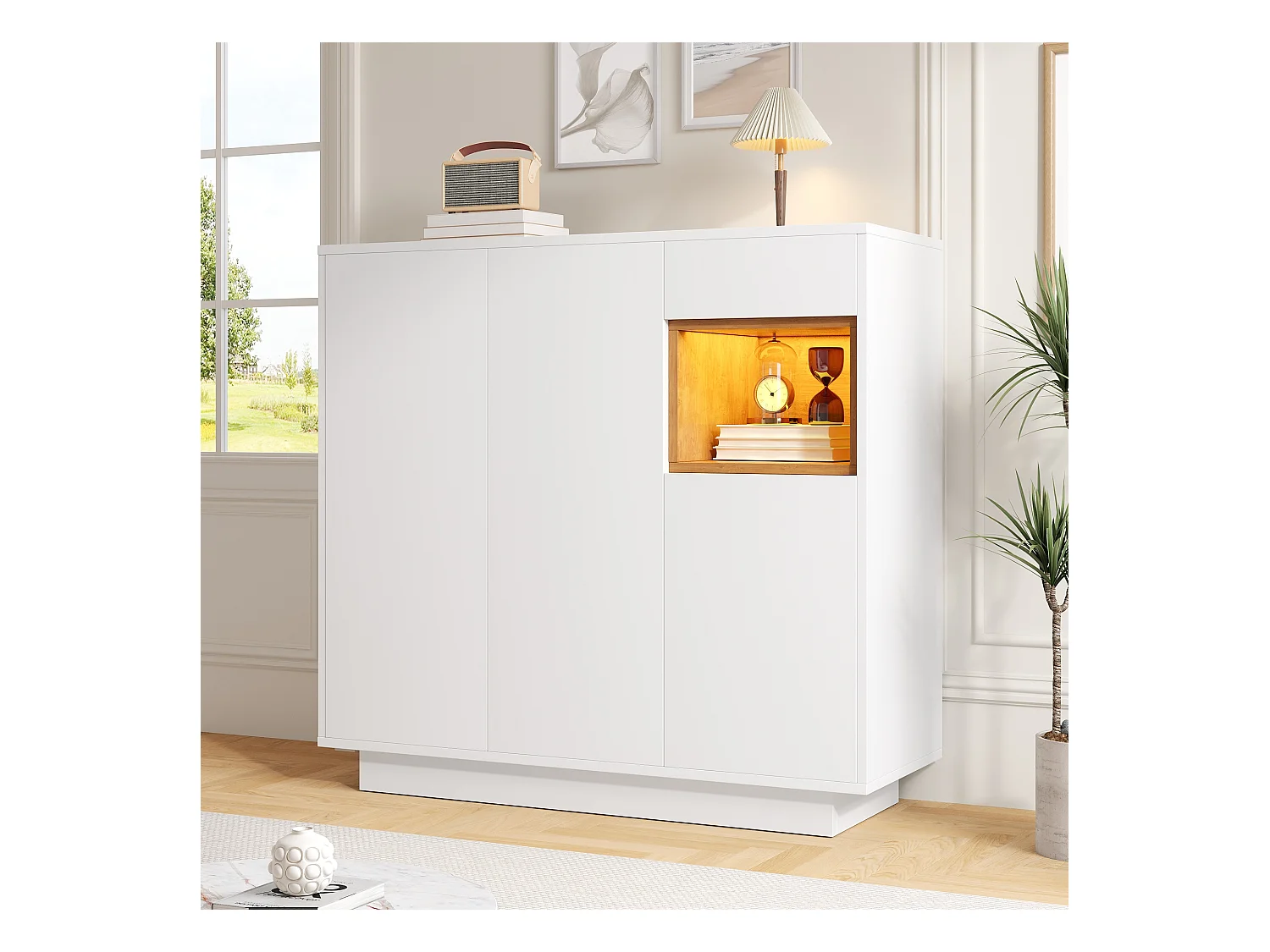 Meuble à chaussures avec 1 tiroir + 3 portes + Leds + étagères réglables - 105 x 39.5 x 100.5 cm - aggloméré - blanc