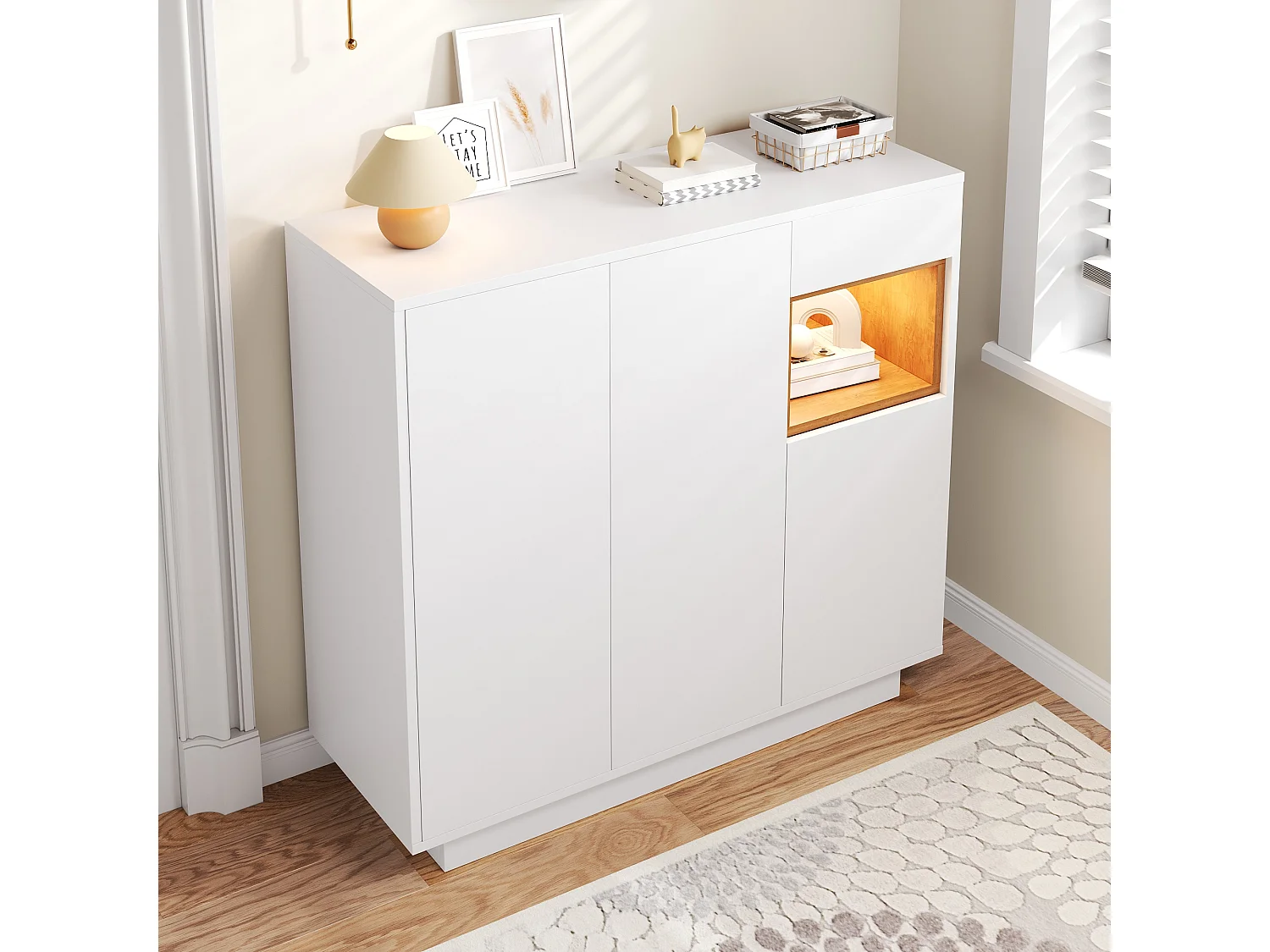 Meuble à chaussures avec 1 tiroir + 3 portes + Leds + étagères réglables - 105 x 39.5 x 100.5 cm - aggloméré - blanc