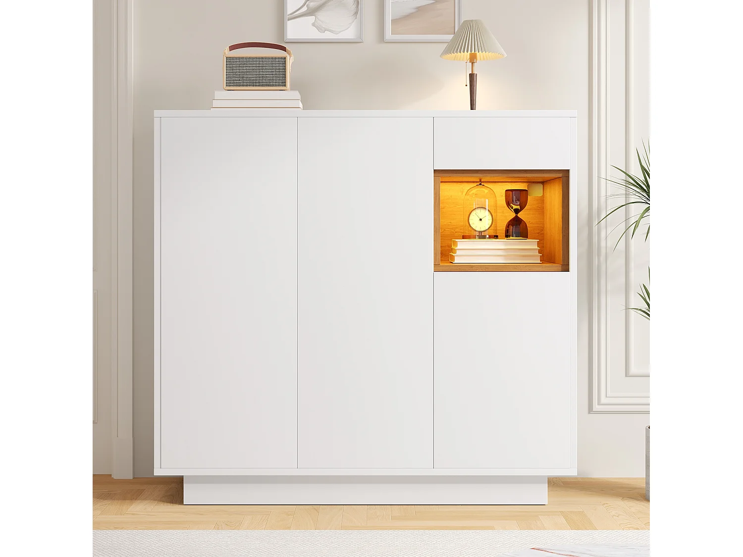 Meuble à chaussures avec 1 tiroir + 3 portes + Leds + étagères réglables - 105 x 39.5 x 100.5 cm - aggloméré - blanc