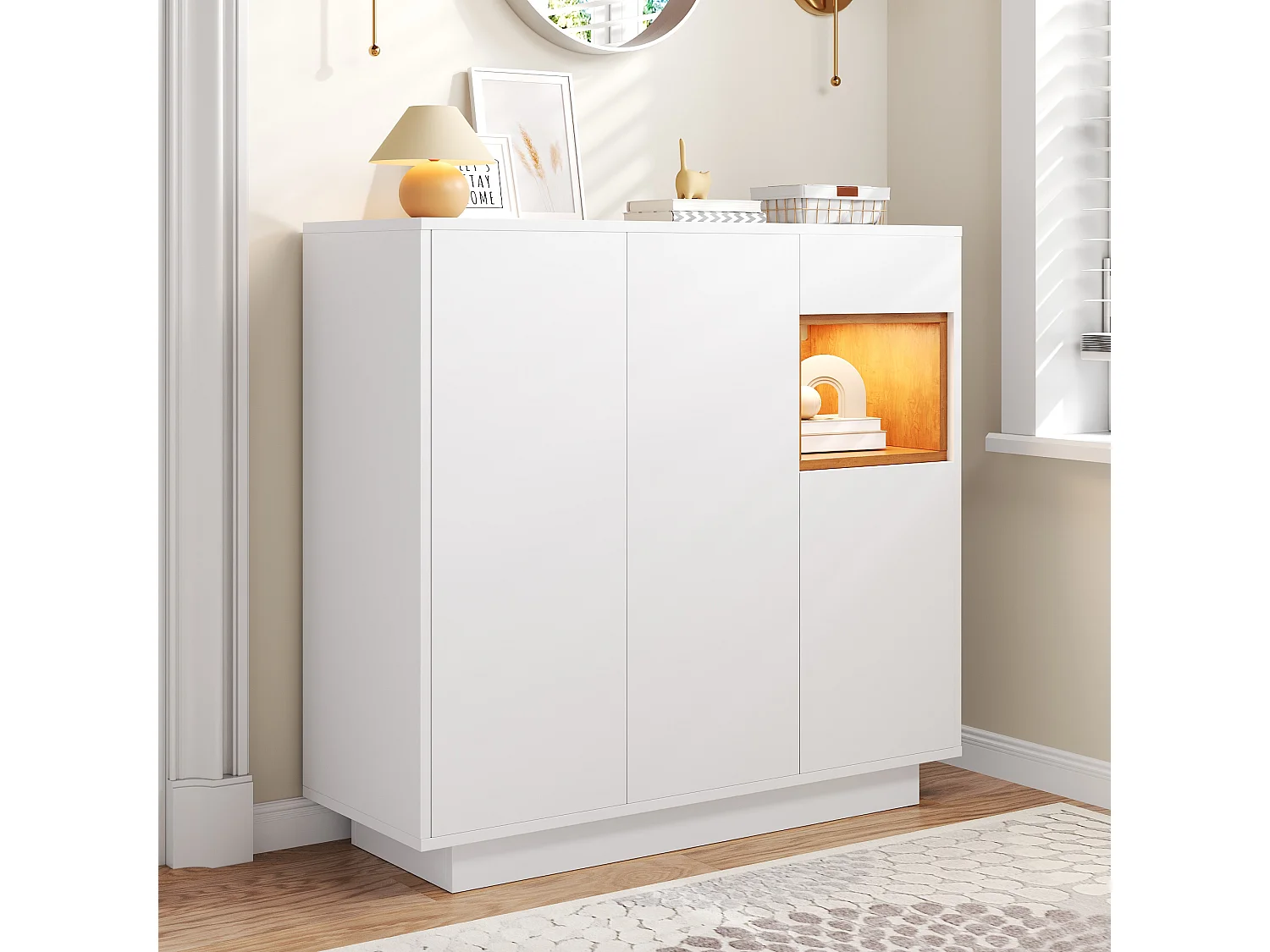 Meuble à chaussures avec 1 tiroir + 3 portes + Leds + étagères réglables - 105 x 39.5 x 100.5 cm - aggloméré - blanc