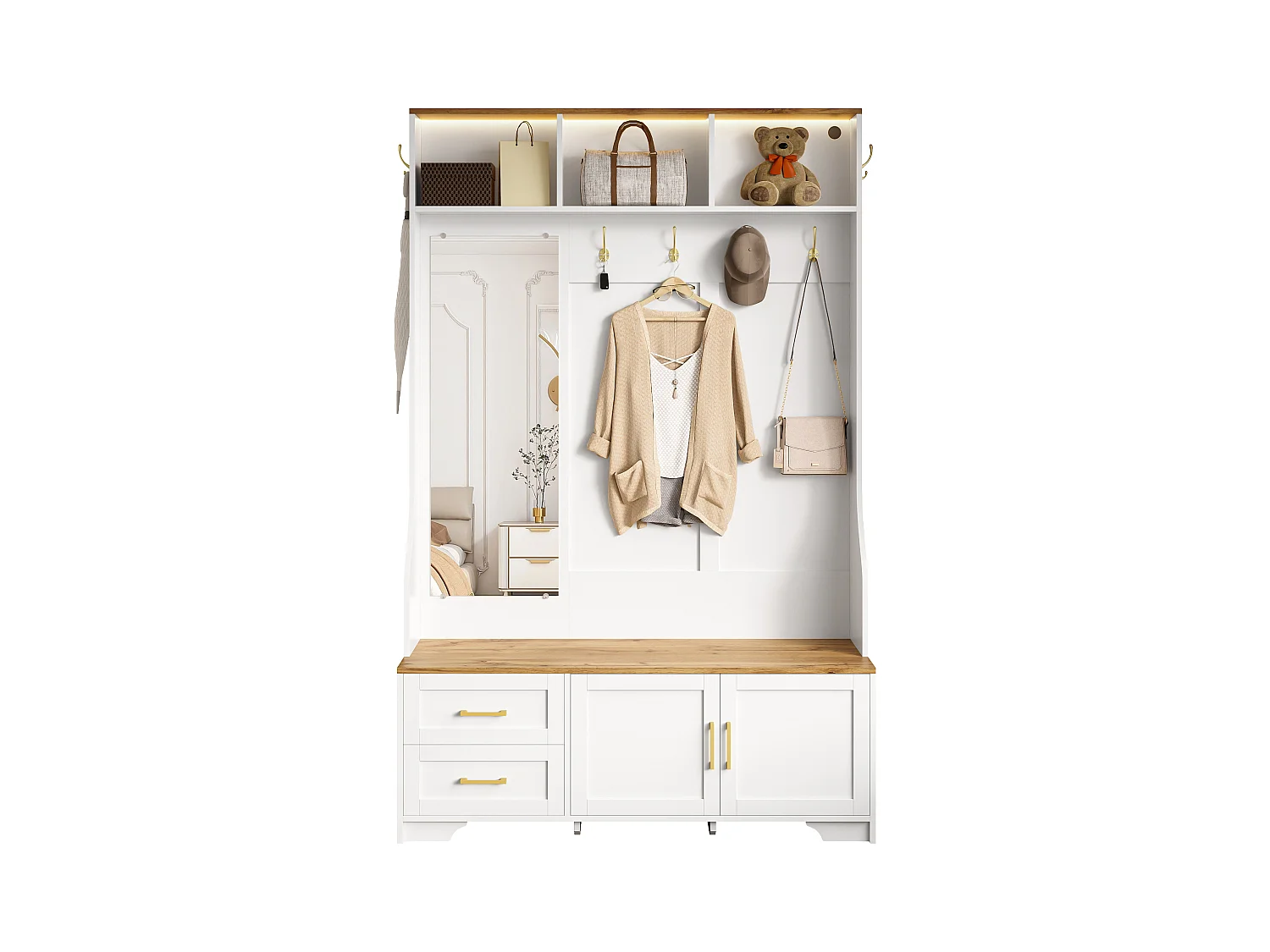 Vestiaire pour entrée et couloir avec Leds + miroir + 2 tiroirs - 120 x 40 x 187 cm - MDF - blanc + naturel