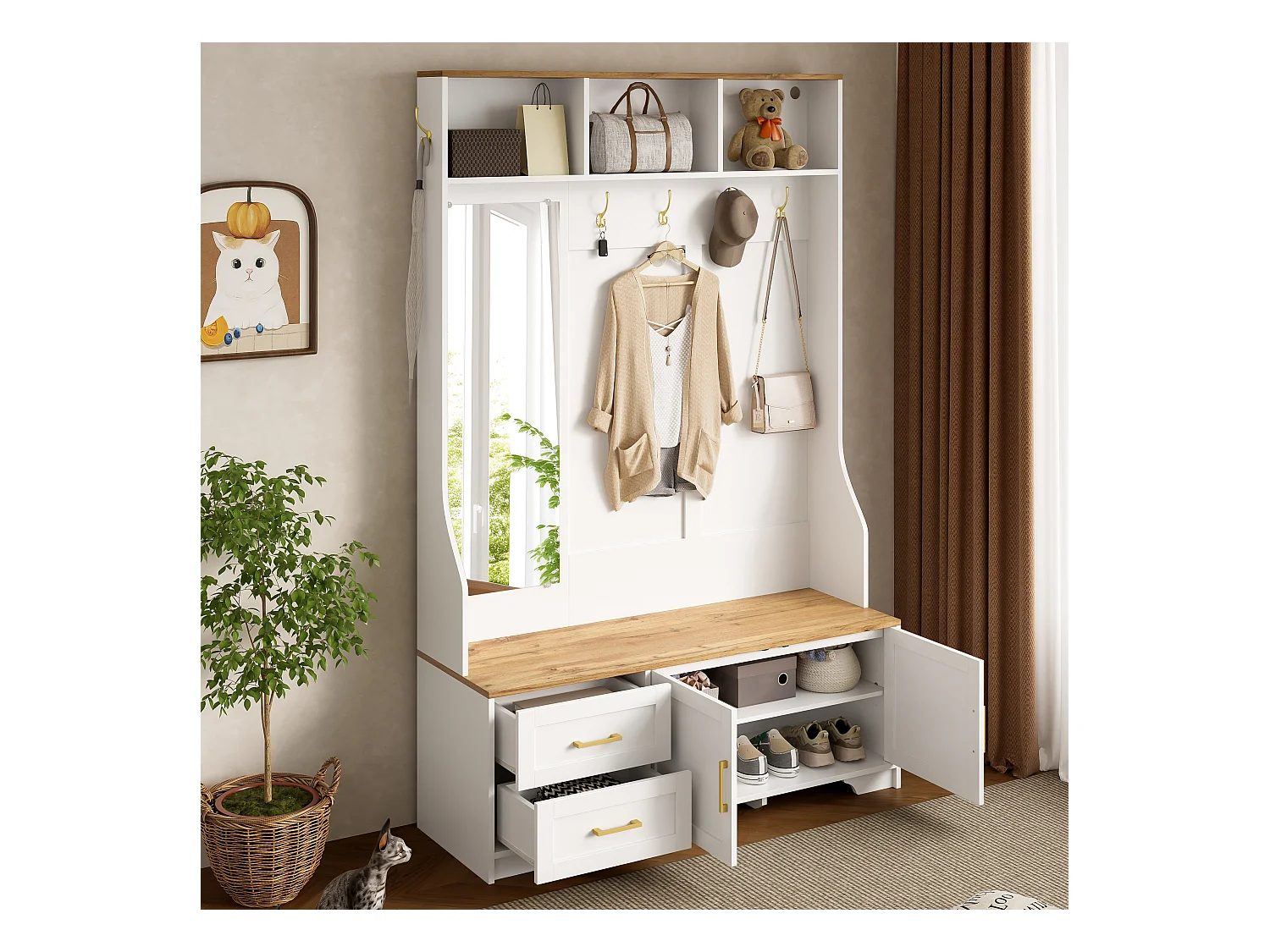 Vestiaire pour entrée et couloir avec Leds + miroir + 2 tiroirs - 120 x 40 x 187 cm - MDF - blanc + naturel