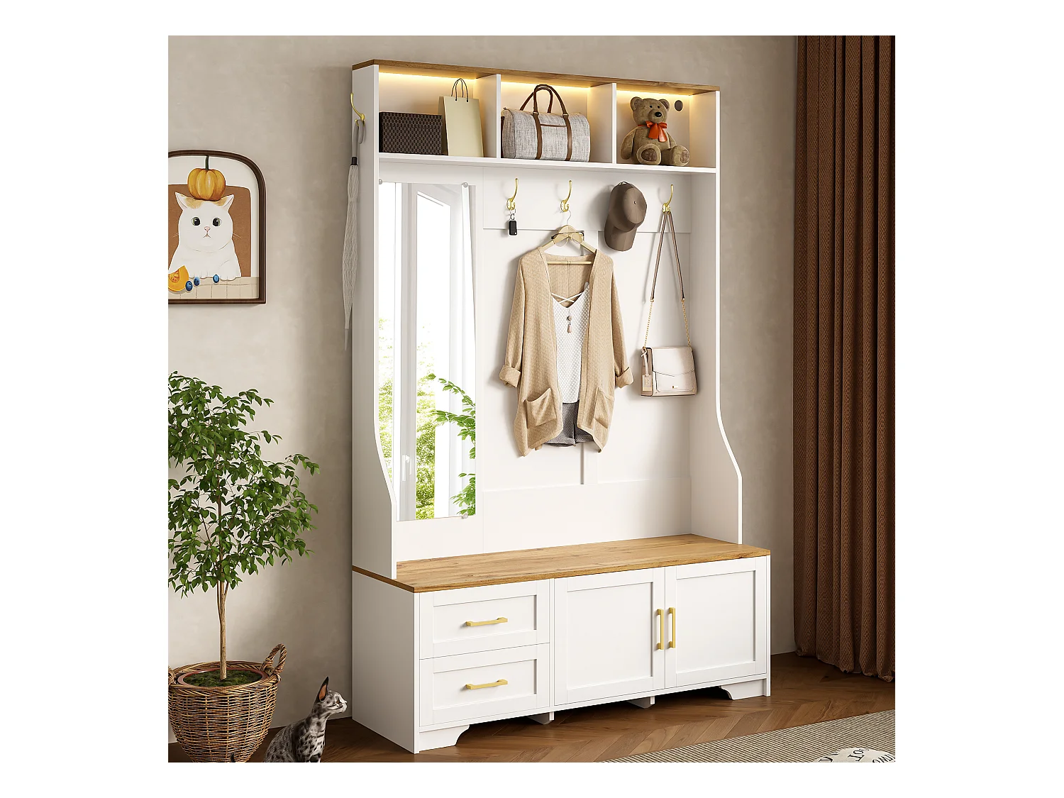 Vestiaire pour entrée et couloir avec Leds + miroir + 2 tiroirs - 120 x 40 x 187 cm - MDF - blanc + naturel