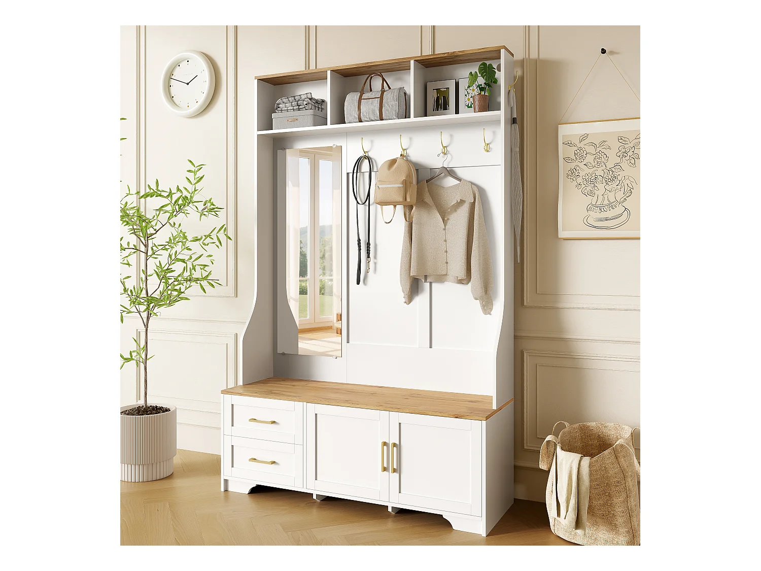 Vestiaire pour entrée et couloir avec Leds + miroir + 2 tiroirs - 120 x 40 x 187 cm - MDF - blanc + naturel