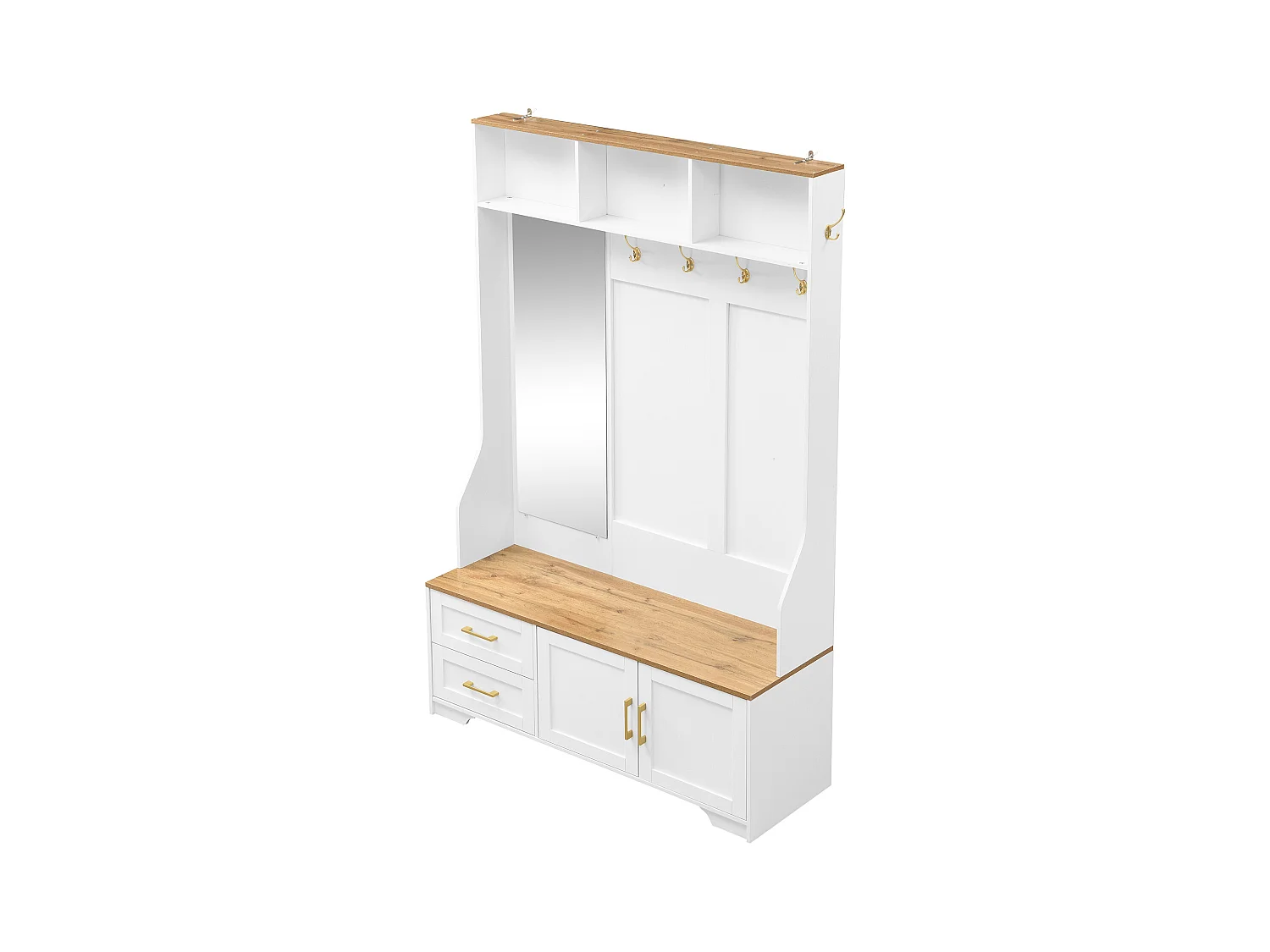 Vestiaire pour entrée et couloir avec Leds + miroir + 2 tiroirs - 120 x 40 x 187 cm - MDF - blanc + naturel