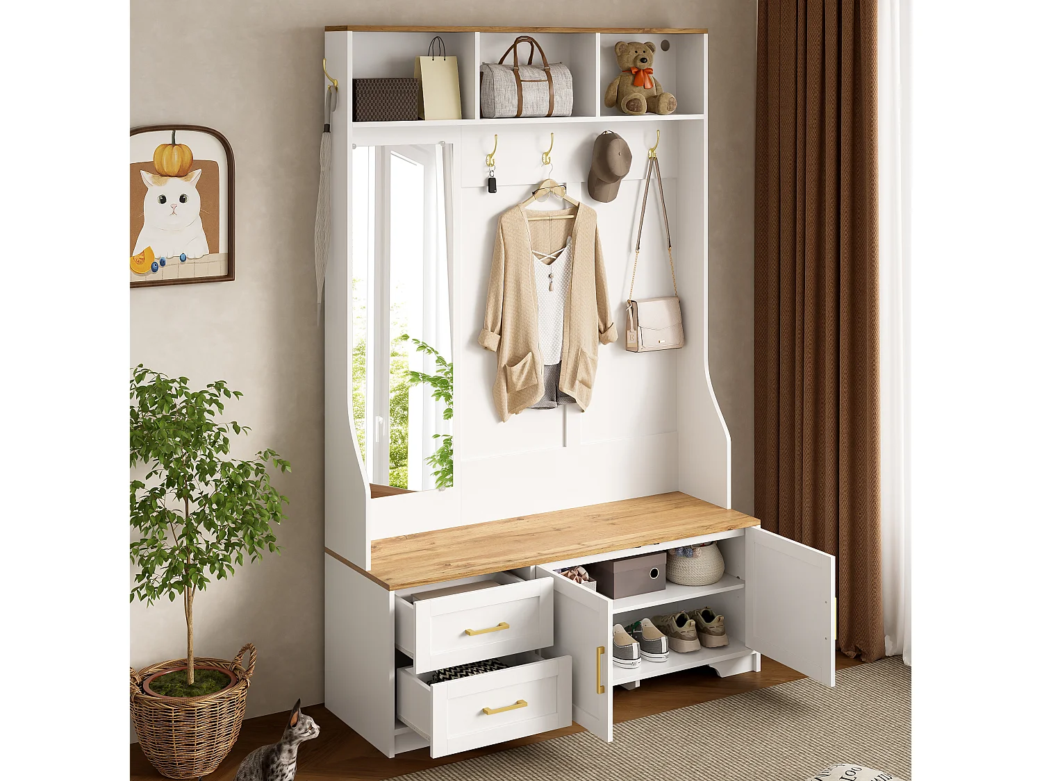 Vestiaire pour entrée et couloir avec Leds + miroir + 2 tiroirs - 120 x 40 x 187 cm - MDF - blanc + naturel