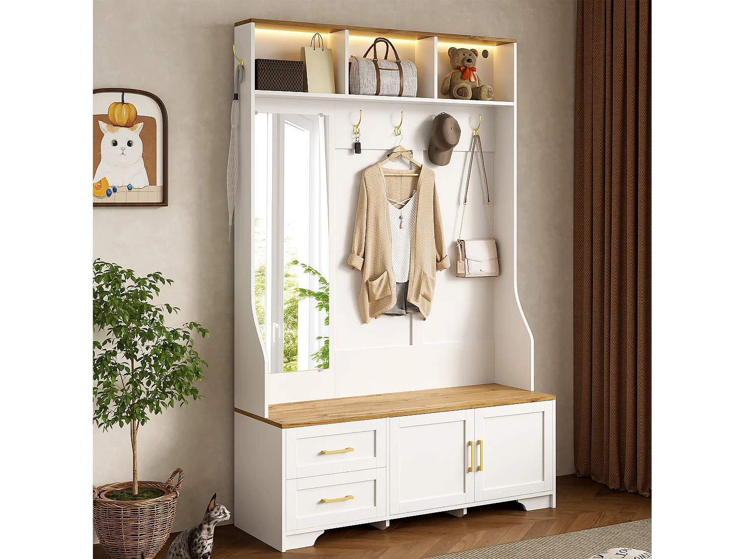 Vestiaire pour entrée et couloir avec Leds + miroir + 2 tiroirs - 120 x 40 x 187 cm - MDF - blanc + naturel