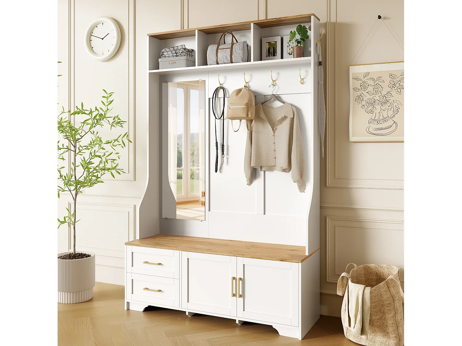 Vestiaire pour entrée et couloir avec Leds + miroir + 2 tiroirs - 120 x 40 x 187 cm - MDF - blanc + naturel