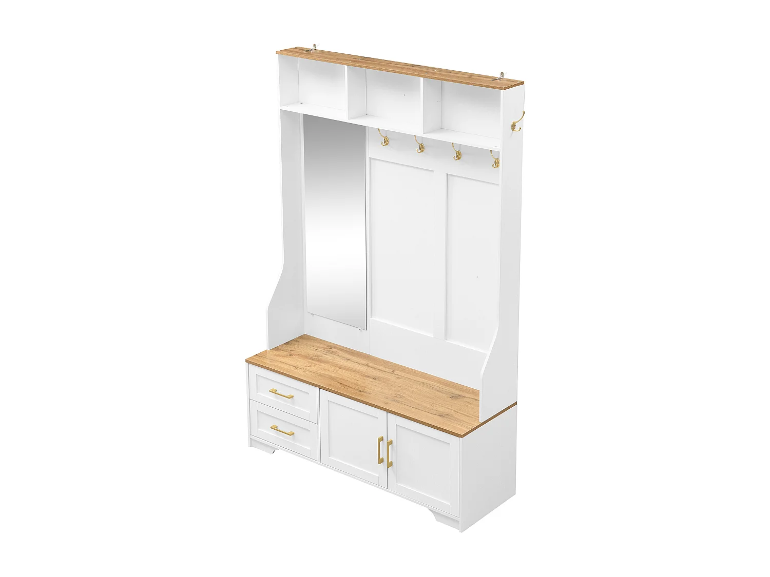 Vestiaire pour entrée et couloir avec Leds + miroir + 2 tiroirs - 120 x 40 x 187 cm - MDF - blanc + naturel