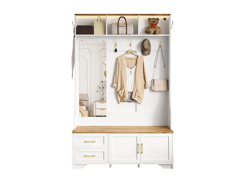 Vestiaire pour entrée et couloir avec Leds + miroir + 2 tiroirs - 120 x 40 x 187 cm - MDF - blanc + naturel