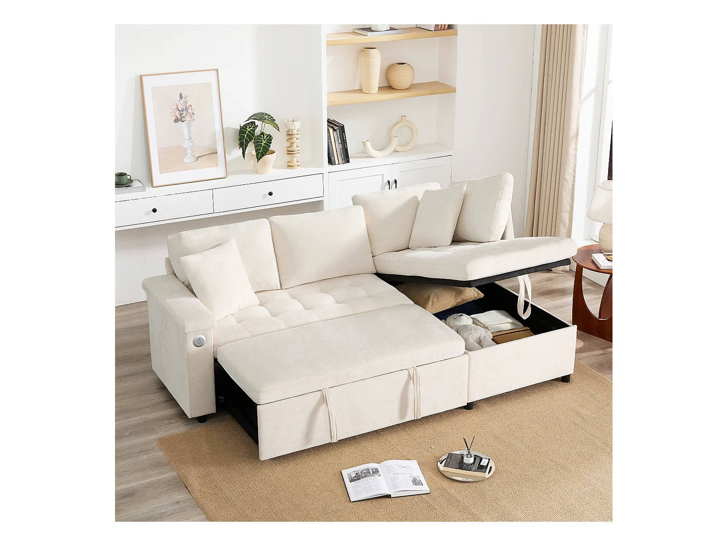 Canapé 3 places convertible gigogne avec rangement - 209 x 130 x 84 cm - avec USB + 2 oreillers - velours - beige