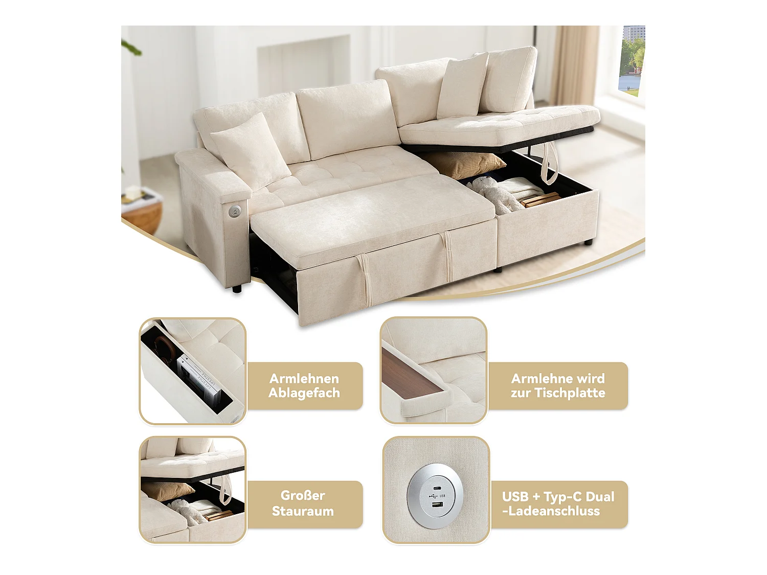 Canapé 3 places convertible gigogne avec rangement - 209 x 130 x 84 cm - avec USB + 2 oreillers - velours - beige