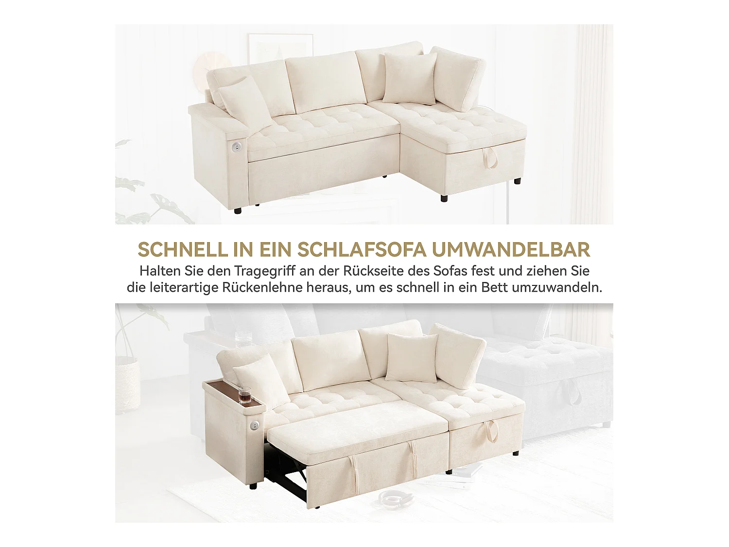 Canapé 3 places convertible gigogne avec rangement - 209 x 130 x 84 cm - avec USB + 2 oreillers - velours - beige