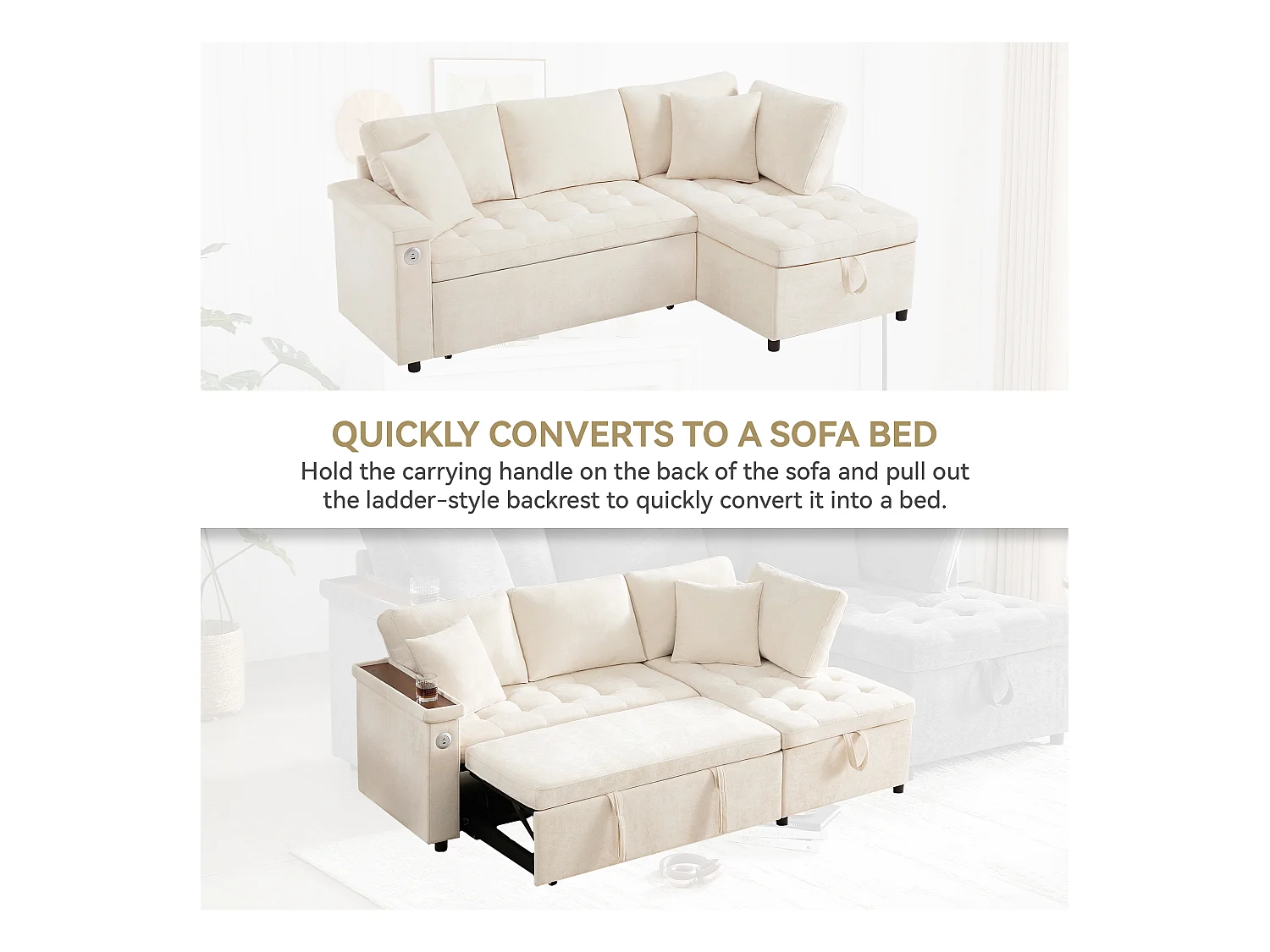 Canapé 3 places convertible gigogne avec rangement - 209 x 130 x 84 cm - avec USB + 2 oreillers - velours - beige