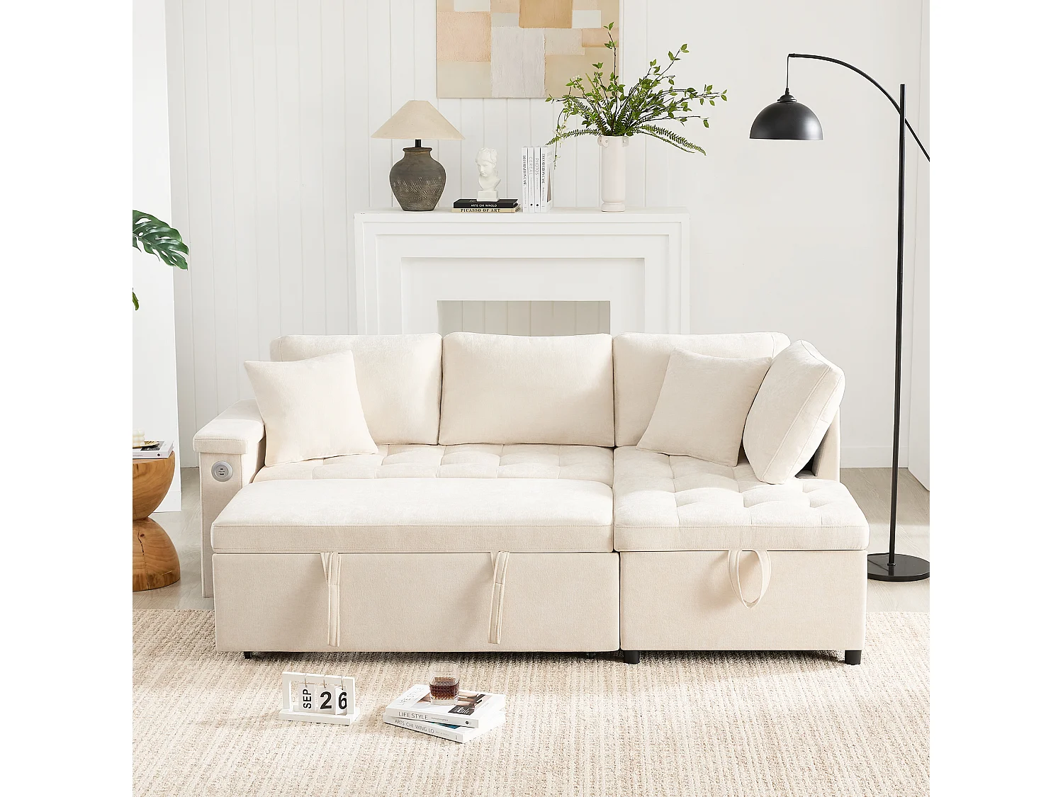 Canapé 3 places convertible gigogne avec rangement - 209 x 130 x 84 cm - avec USB + 2 oreillers - velours - beige