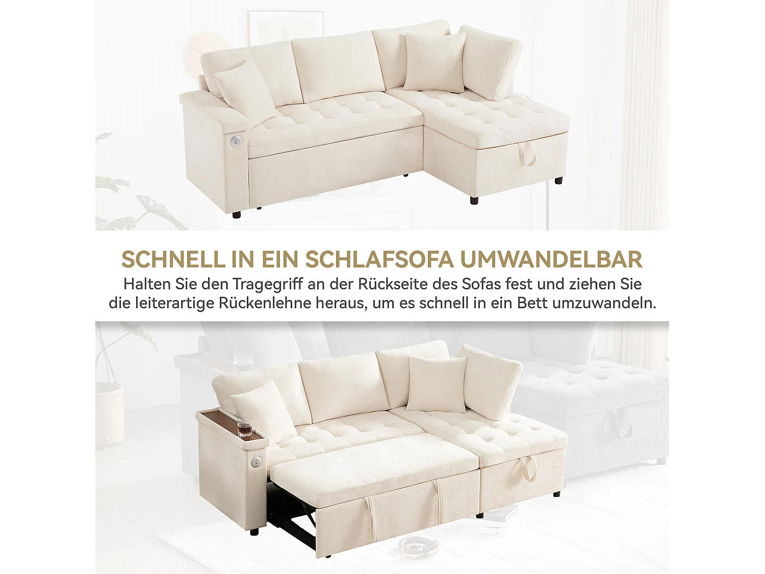 Canapé 3 places convertible gigogne avec rangement - 209 x 130 x 84 cm - avec USB + 2 oreillers - velours - beige