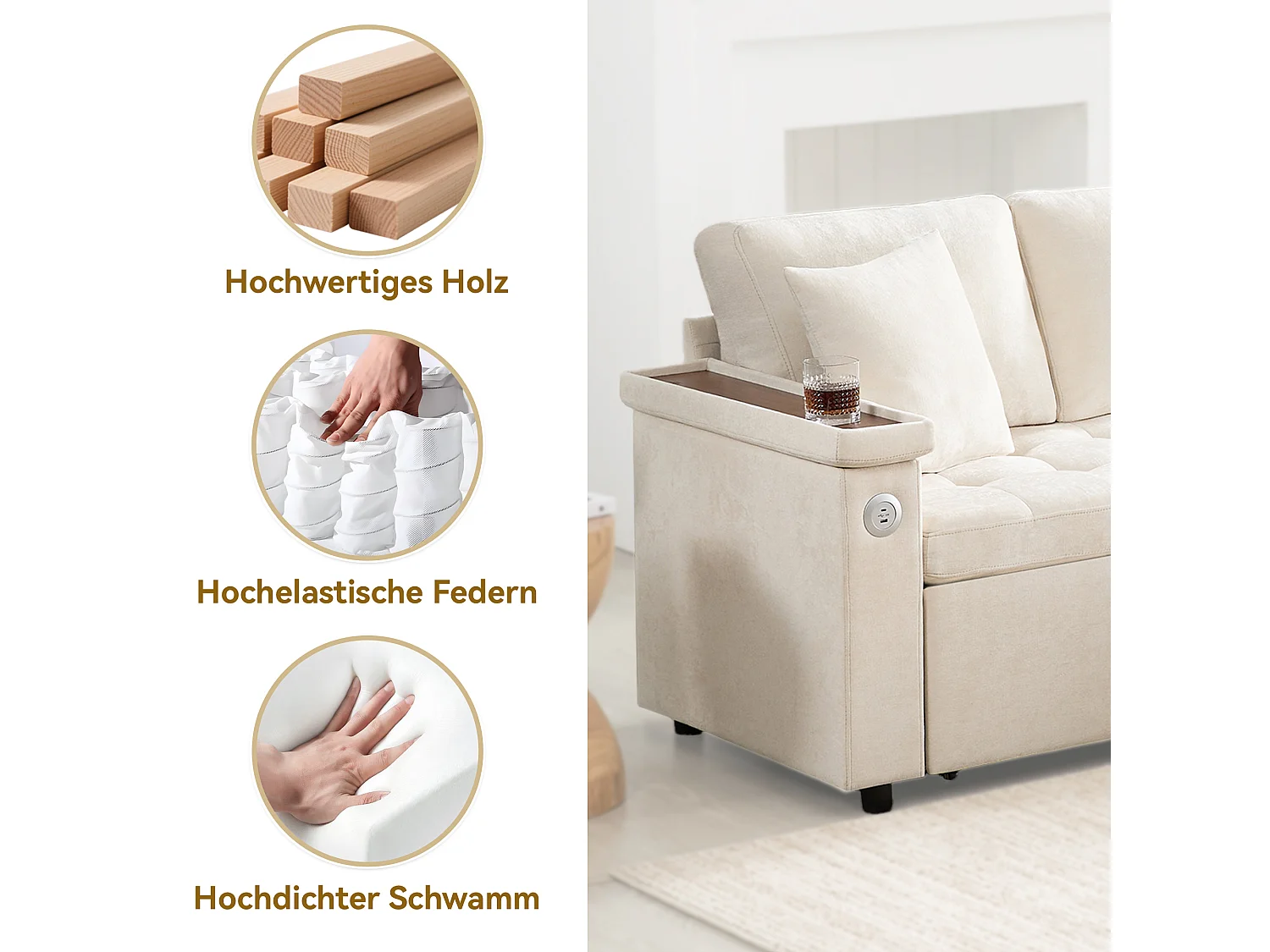 Canapé 3 places convertible gigogne avec rangement - 209 x 130 x 84 cm - avec USB + 2 oreillers - velours - beige