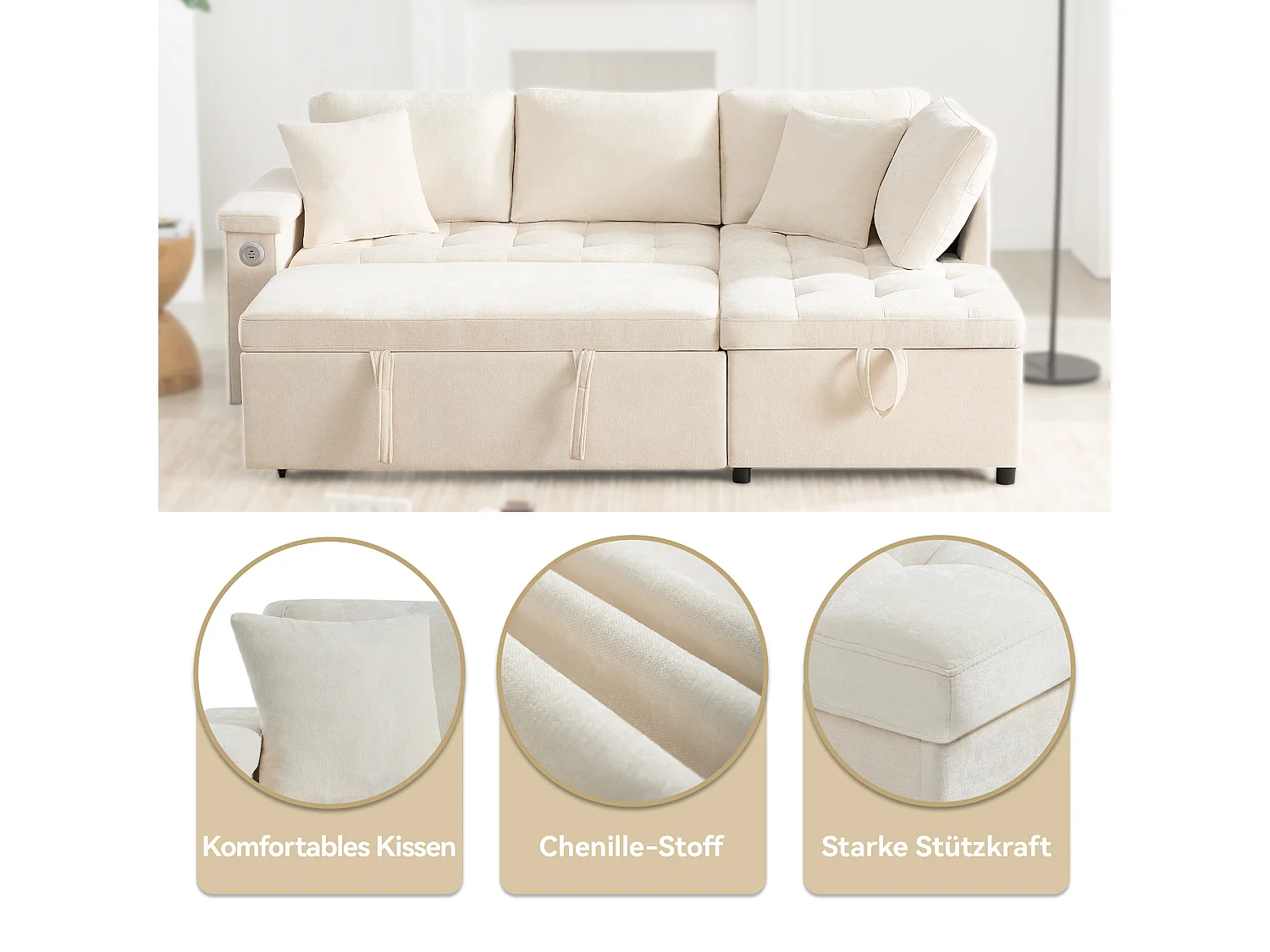 Canapé 3 places convertible gigogne avec rangement - 209 x 130 x 84 cm - avec USB + 2 oreillers - velours - beige