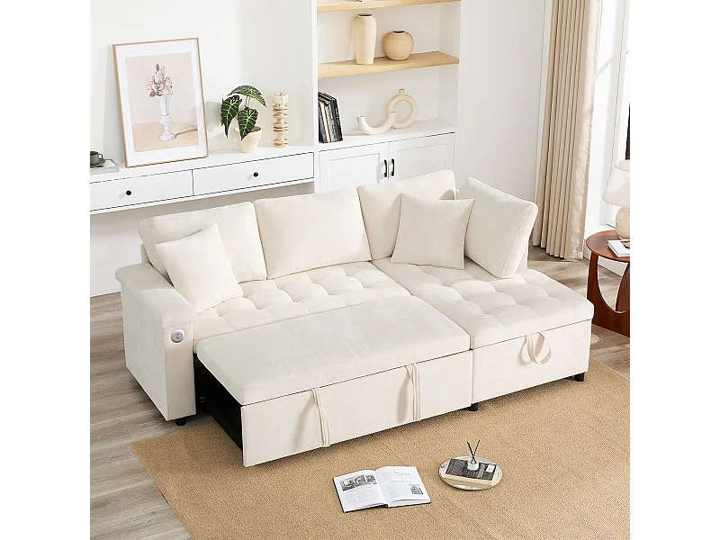 Canapé 3 places convertible gigogne avec rangement - 209 x 130 x 84 cm - avec USB + 2 oreillers - velours - beige