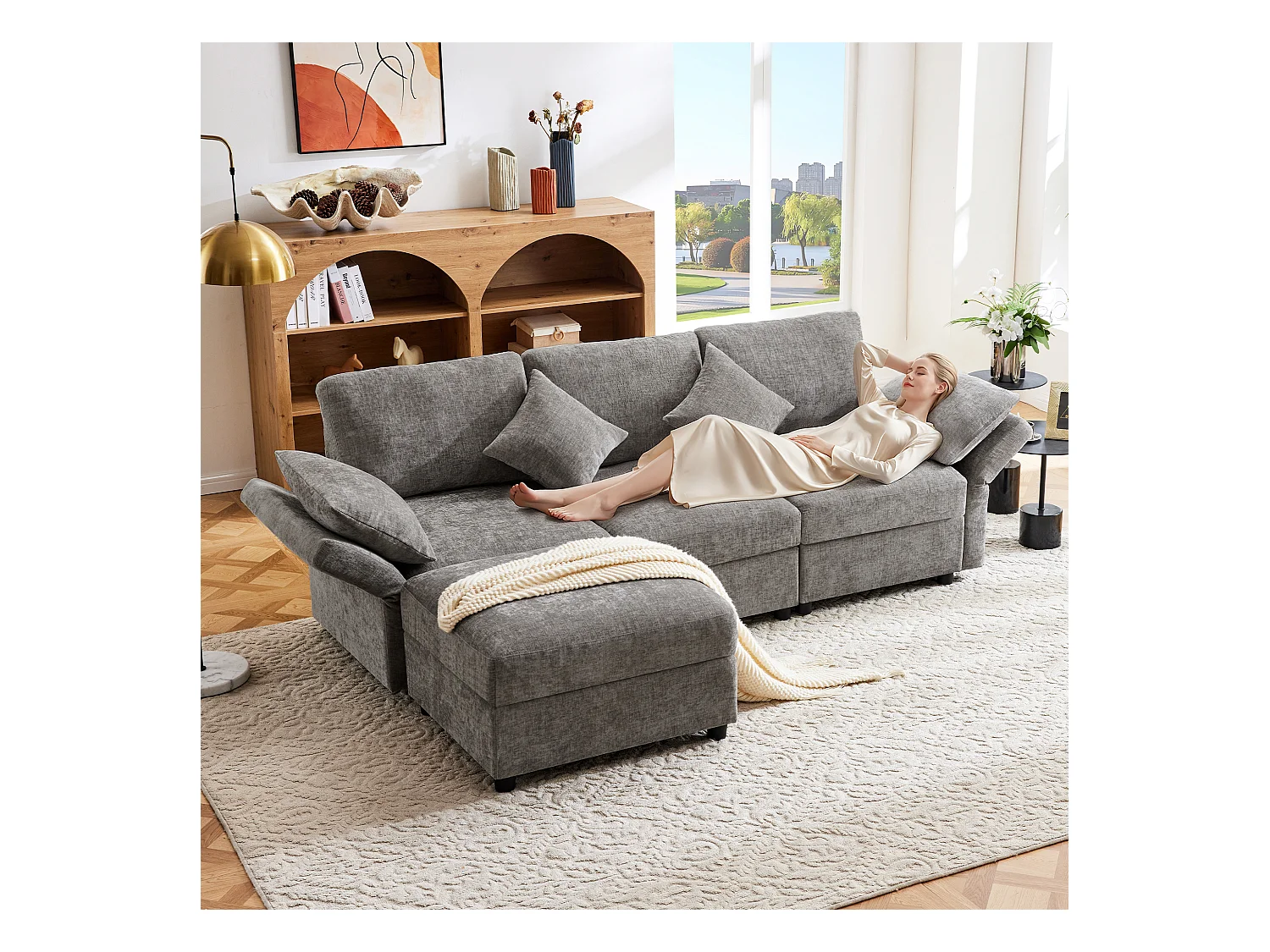 Canapé 3 places avec repose-pieds + 4 coussins - 218 x 156.5 x 86 cm - accoudoirs réglables - velours - gris