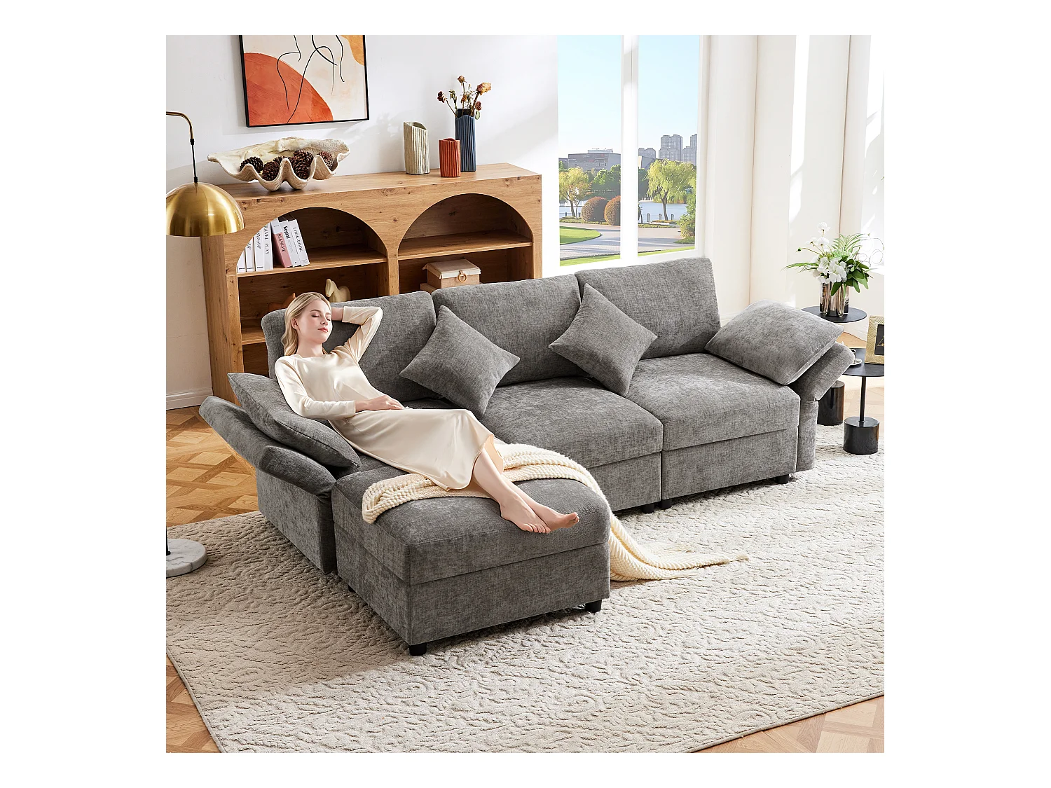 Canapé 3 places avec repose-pieds + 4 coussins - 218 x 156.5 x 86 cm - accoudoirs réglables - velours - gris