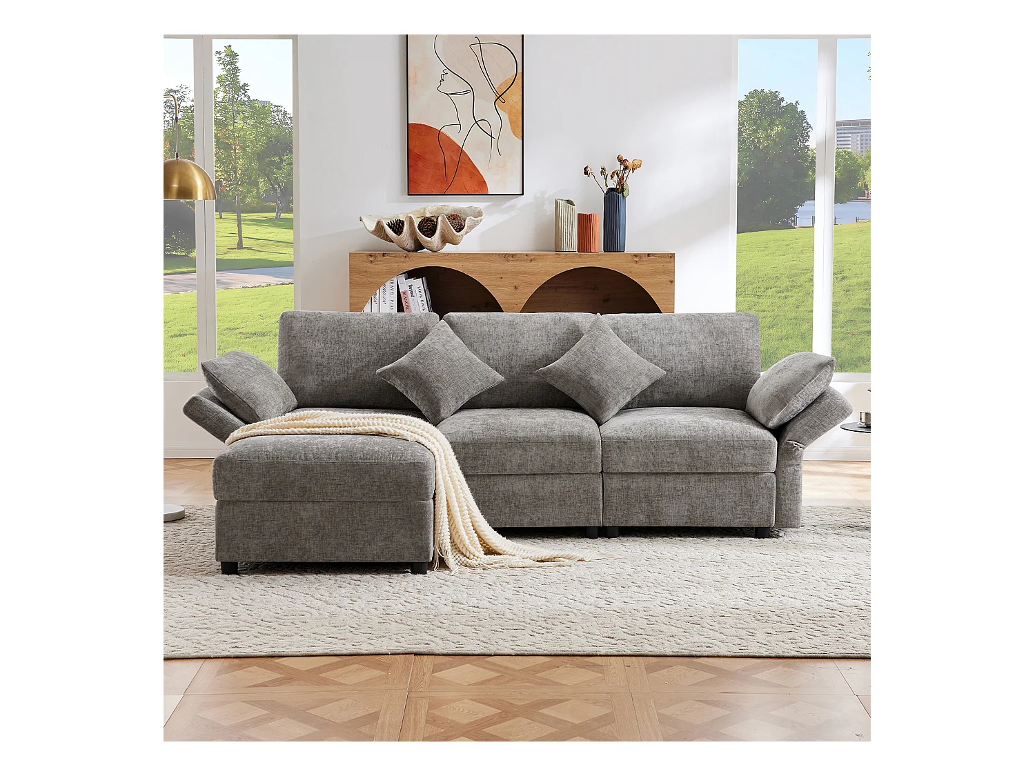 Canapé 3 places avec repose-pieds + 4 coussins - 218 x 156.5 x 86 cm - accoudoirs réglables - velours - gris