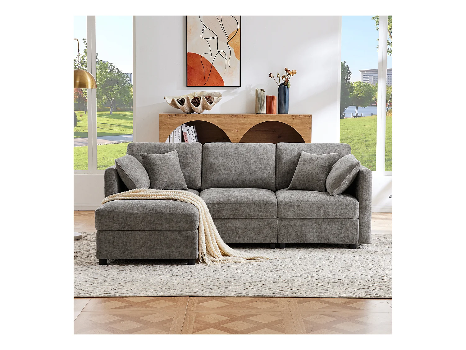 Canapé 3 places avec repose-pieds + 4 coussins - 218 x 156.5 x 86 cm - accoudoirs réglables - velours - gris