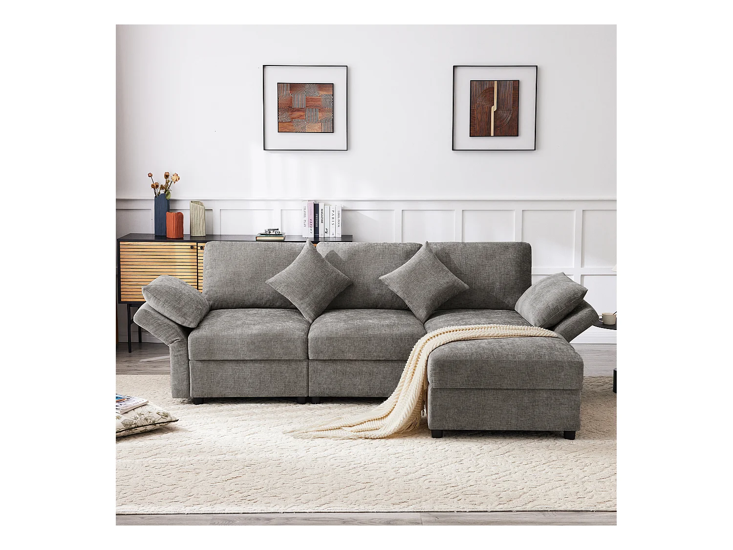 Canapé 3 places avec repose-pieds + 4 coussins - 218 x 156.5 x 86 cm - accoudoirs réglables - velours - gris