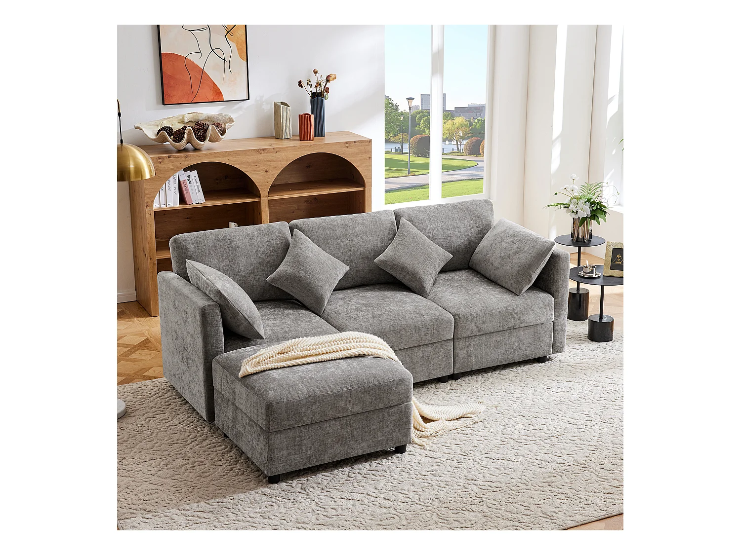 Canapé 3 places avec repose-pieds + 4 coussins - 218 x 156.5 x 86 cm - accoudoirs réglables - velours - gris