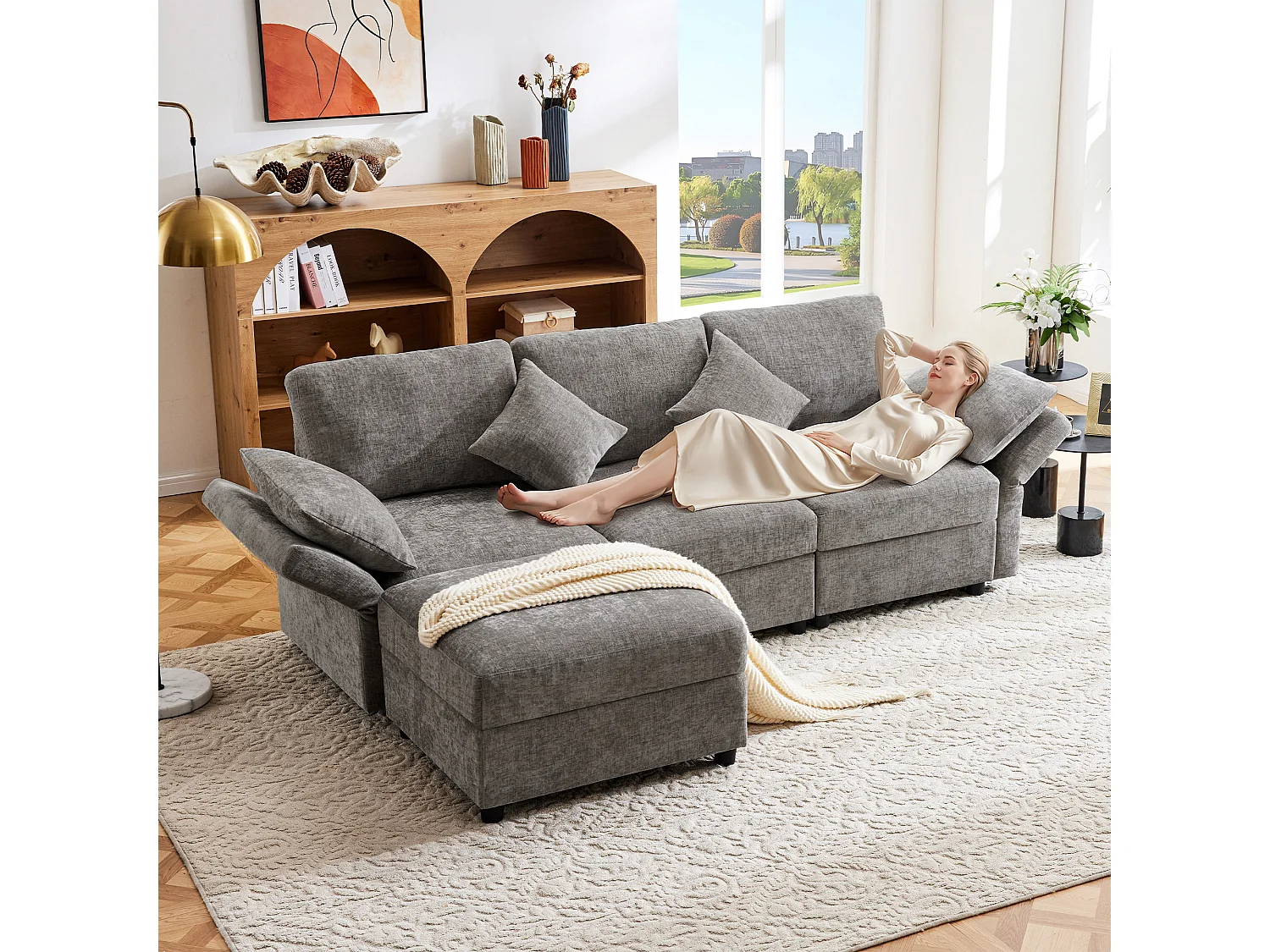 Canapé 3 places avec repose-pieds + 4 coussins - 218 x 156.5 x 86 cm - accoudoirs réglables - velours - gris