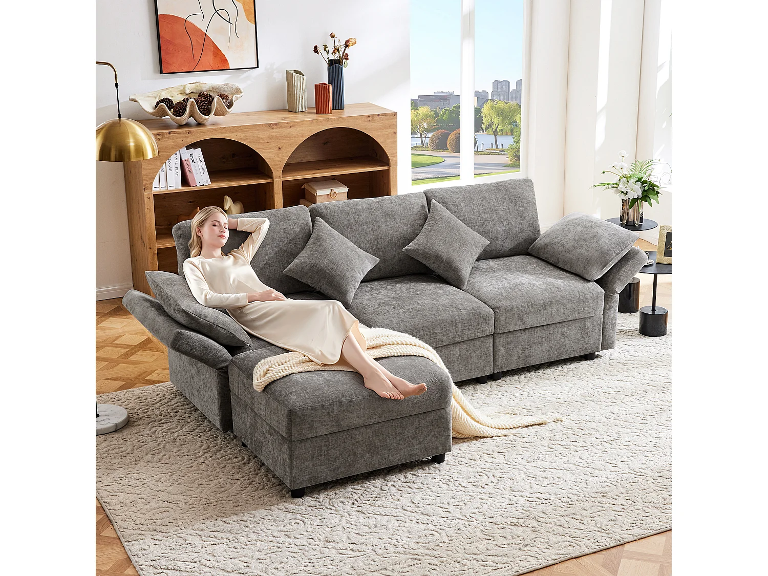 Canapé 3 places avec repose-pieds + 4 coussins - 218 x 156.5 x 86 cm - accoudoirs réglables - velours - gris