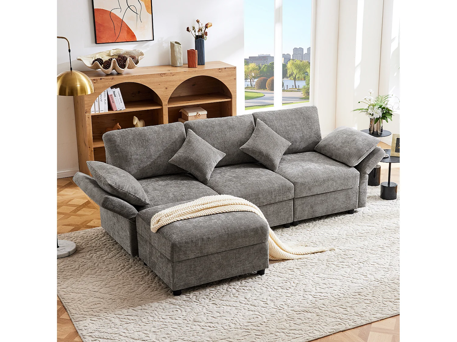 Canapé 3 places avec repose-pieds + 4 coussins - 218 x 156.5 x 86 cm - accoudoirs réglables - velours - gris