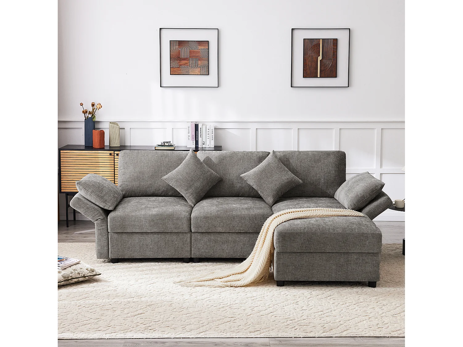 Canapé 3 places avec repose-pieds + 4 coussins - 218 x 156.5 x 86 cm - accoudoirs réglables - velours - gris