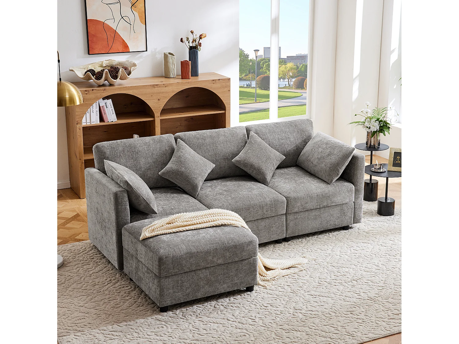 Canapé 3 places avec repose-pieds + 4 coussins - 218 x 156.5 x 86 cm - accoudoirs réglables - velours - gris