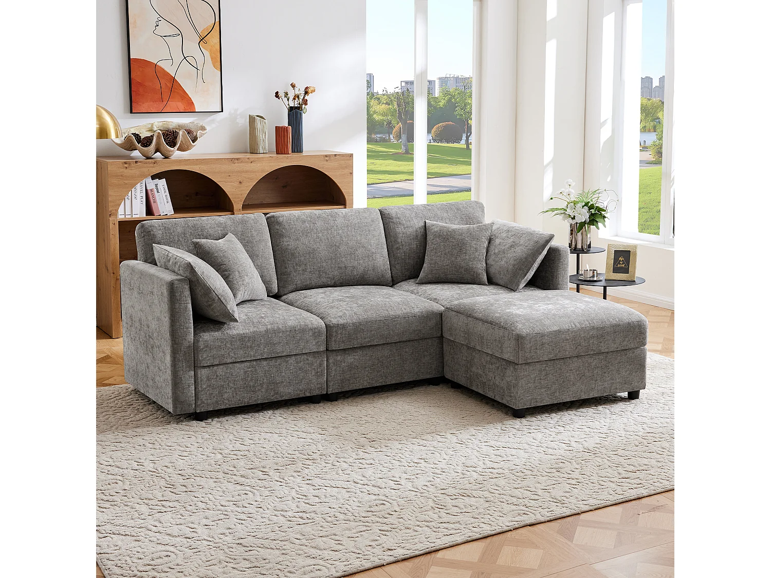 Canapé 3 places avec repose-pieds + 4 coussins - 218 x 156.5 x 86 cm - accoudoirs réglables - velours - gris