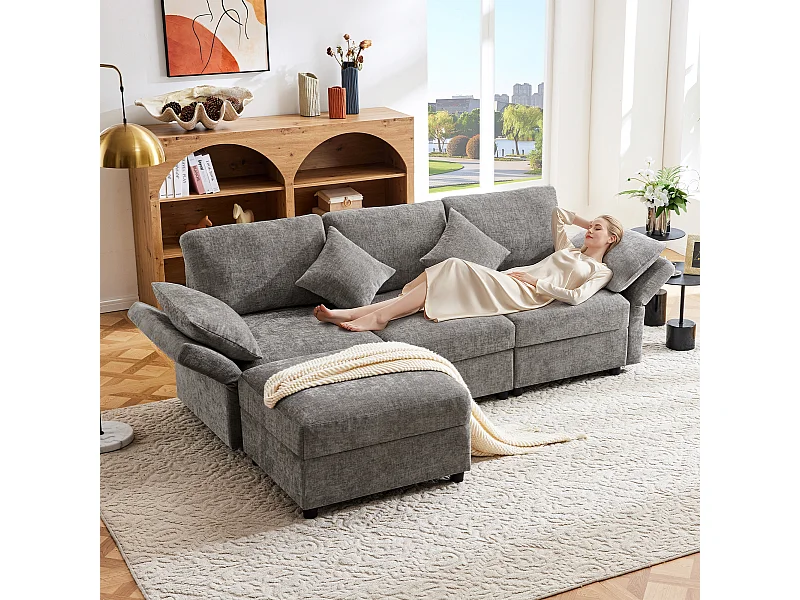 Canapé 3 places avec repose-pieds + 4 coussins - 218 x 156.5 x 86 cm - accoudoirs réglables - velours - gris