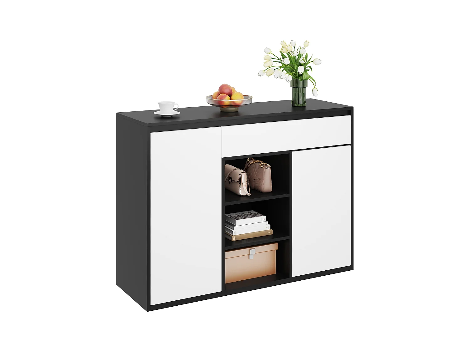 Meuble à chaussures avec 2 portes + 1 tiroir + étagère réglable - 105 x 39.5 x 86 cm - aggloméré - noir